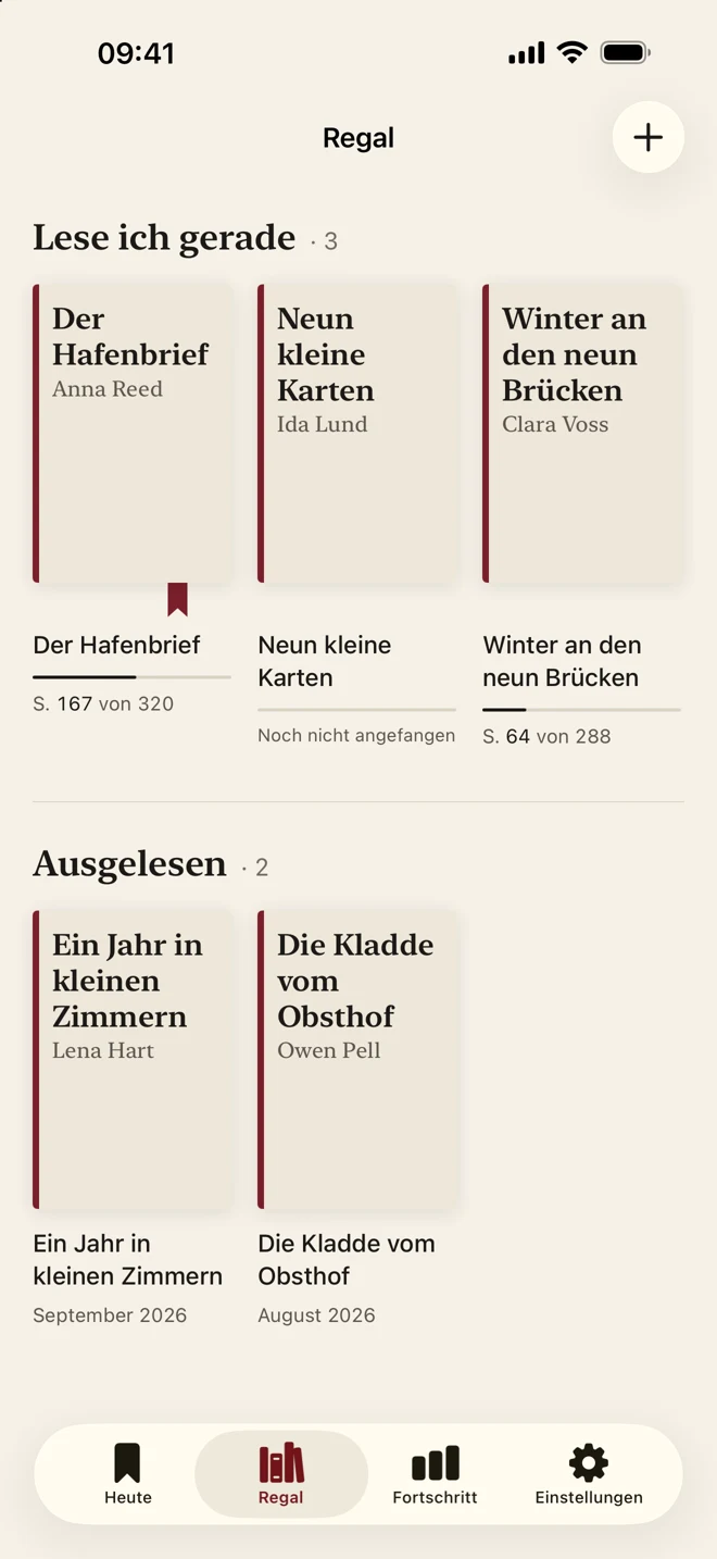 ReadFirst-Bücherregal mit aktuell gelesenen und beendeten Büchern