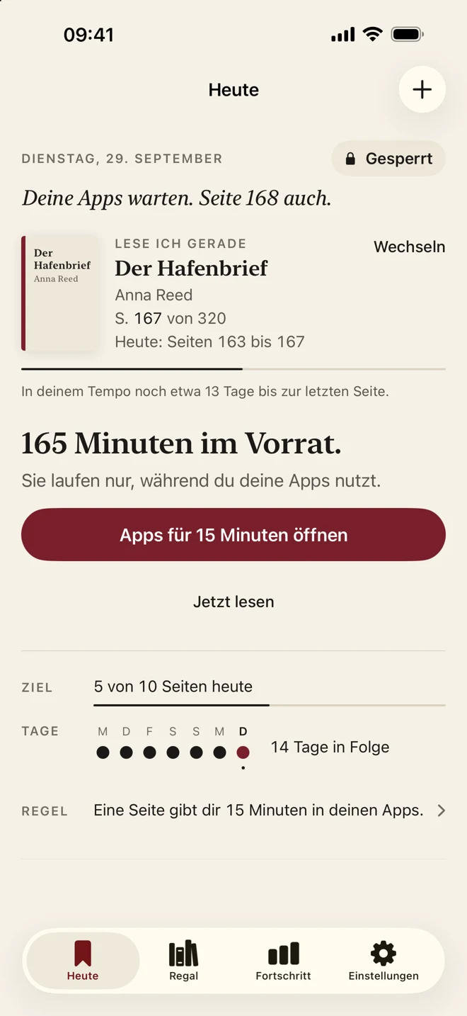 ReadFirst Heute-Ansicht mit Leseguthaben und Freischaltung ausgewählter Apps