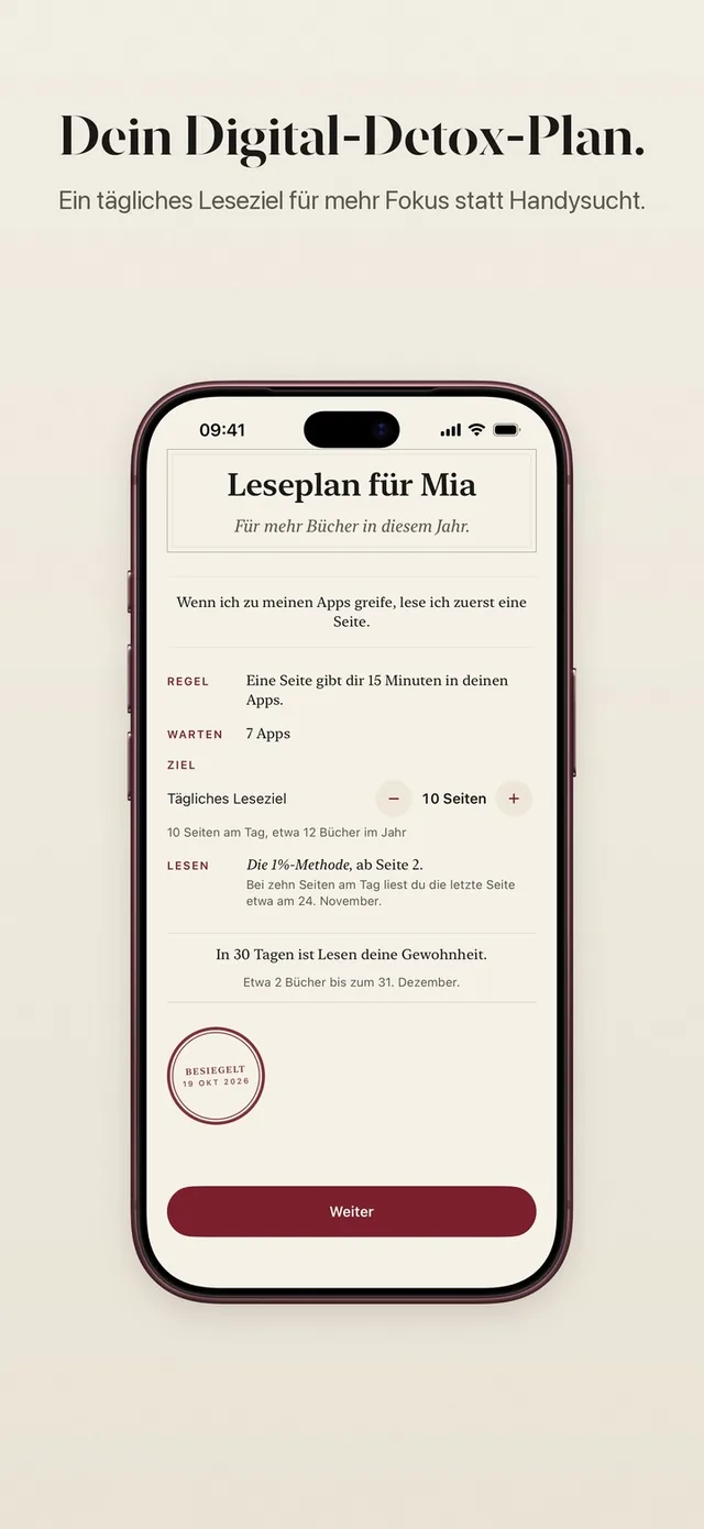 ReadFirst-Leseplan: deine Regel aus Seiten und App-Minuten, die Apps, die warten, und ein tägliches Leseziel