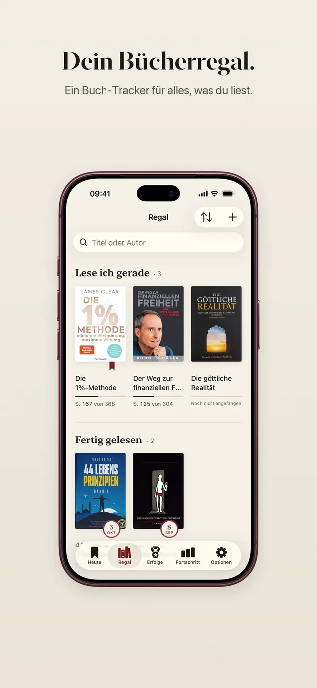 ReadFirst-Bücherregal: Bücher, die du gerade liest, und fertig gelesene Bücher mit Cover