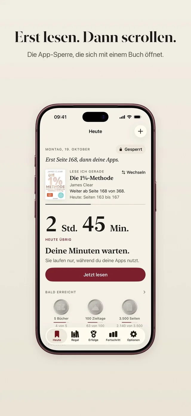 ReadFirst Heute-Ansicht: Erst lesen, dann scrollen. Das aktuelle Buch, App-Zeit für heute und gesperrte Apps