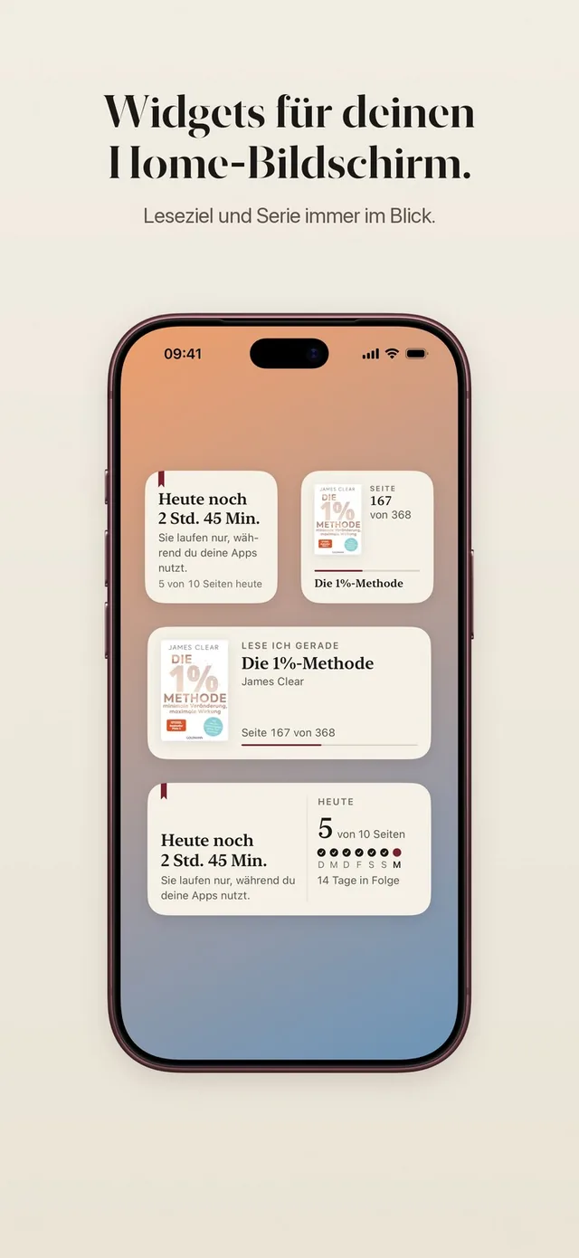 ReadFirst-Widgets für den Home-Bildschirm: App-Zeit für heute, das aktuelle Buch mit Seite und die Leseserie
