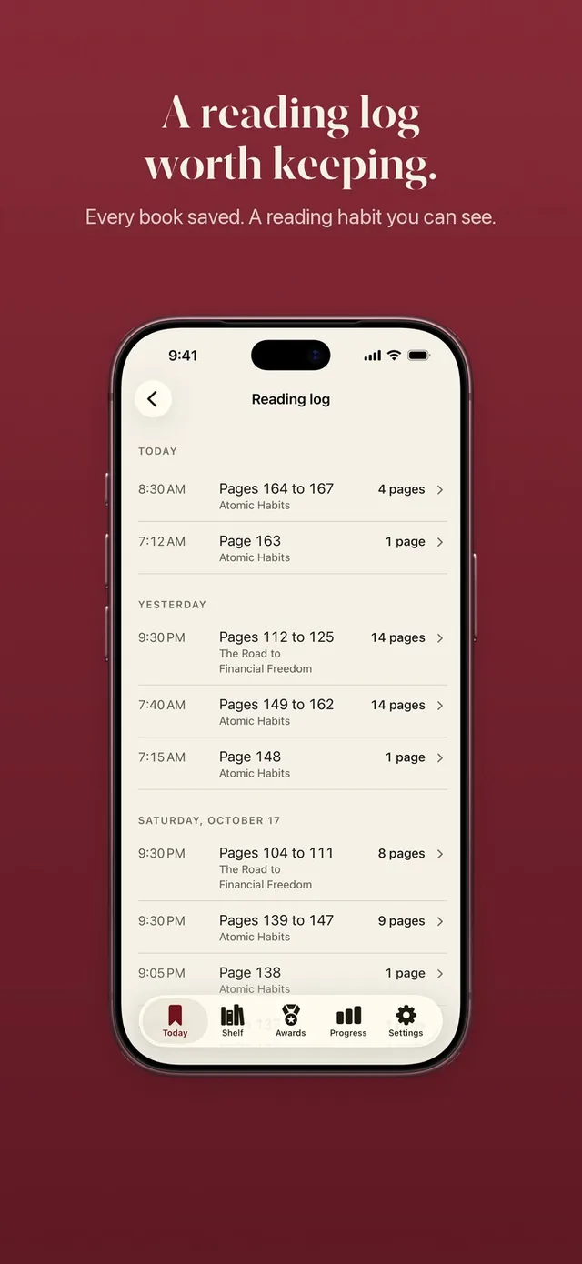 ReadFirst reading log: every reading session with its pages and book, grouped by day