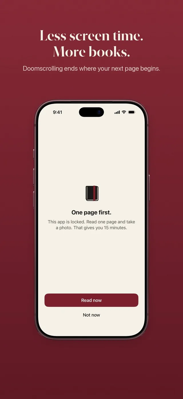 ReadFirst lock screen over a blocked app: one page first, then the app opens