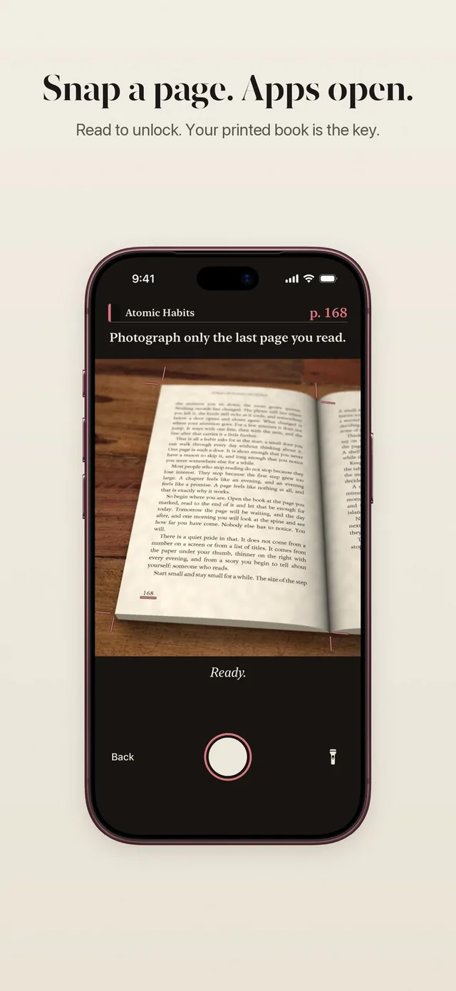 ReadFirst camera over a printed book: snap the last page you read and your apps open