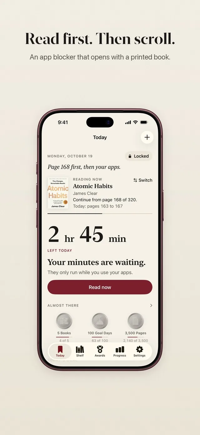 ReadFirst Today screen: Read first. Then scroll. The book in progress, app time left today and apps locked until you read
