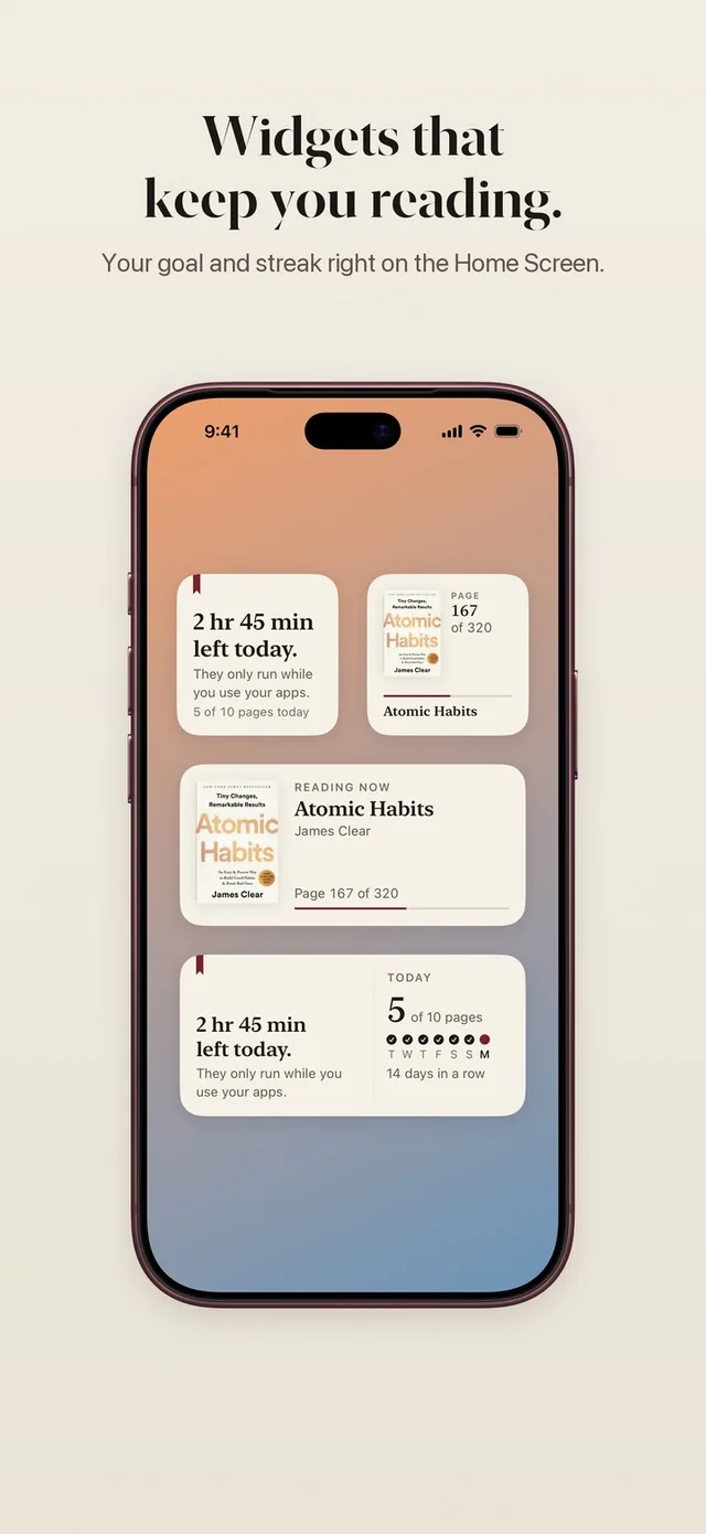 ReadFirst Home Screen widgets: app time left today, the current book with its page and the reading streak